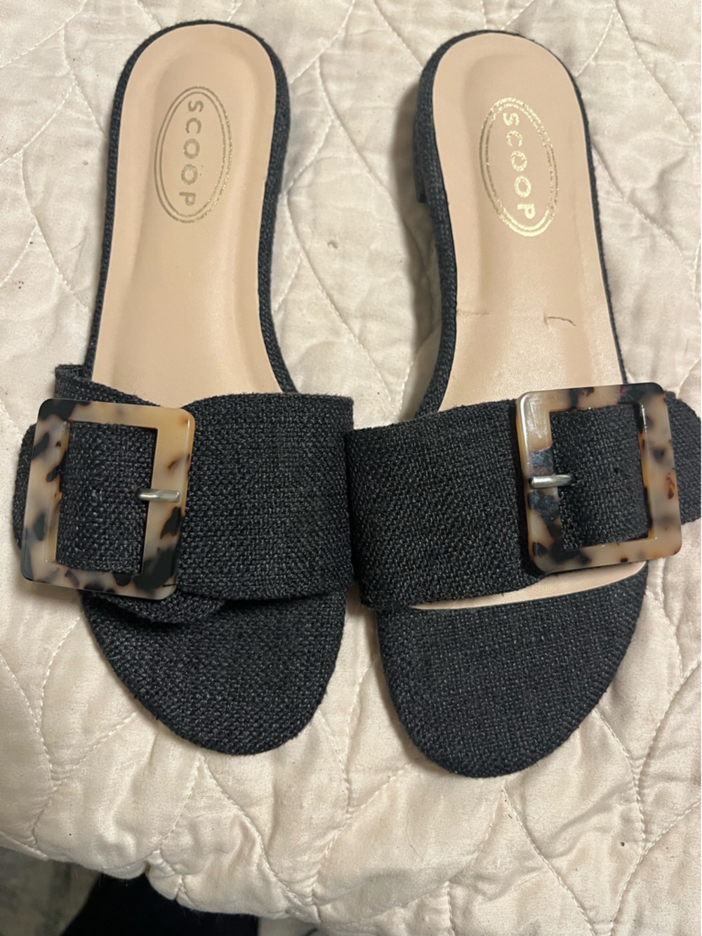 Scoop Black Slide Sandals with Tortoiseshell Buckles - Women